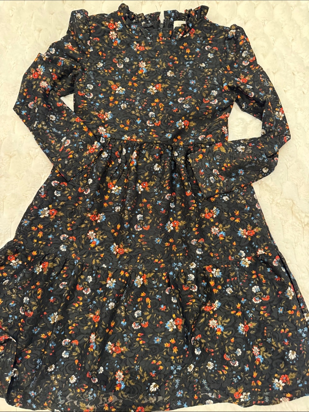 Girls' Long Sleeve Floral Ruffle Neck Dress - Black Multi
